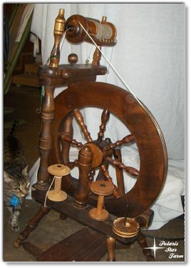 upright spinning wheel and a curious kitty